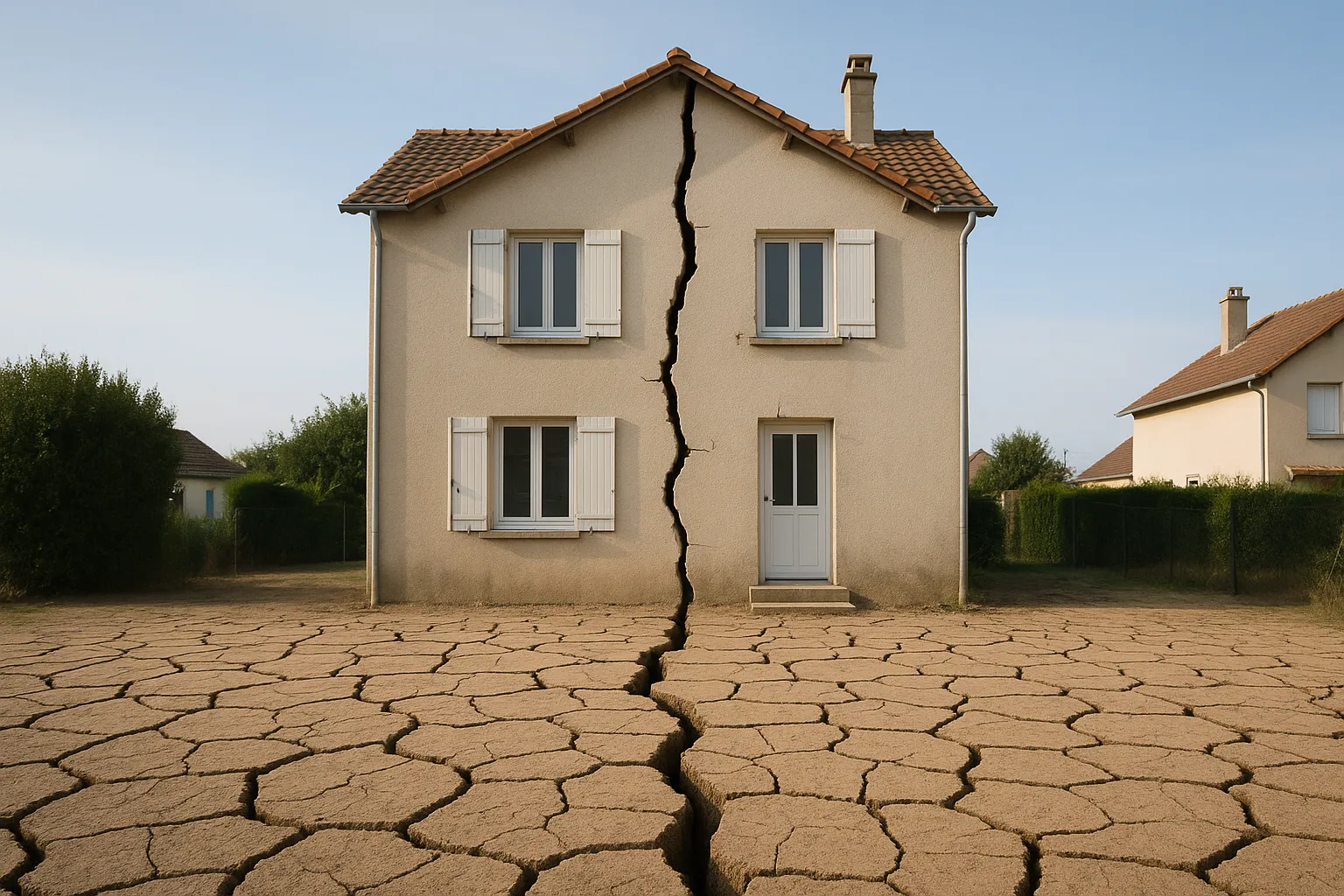 Maison fissuree sur sol craquele par la secheresse