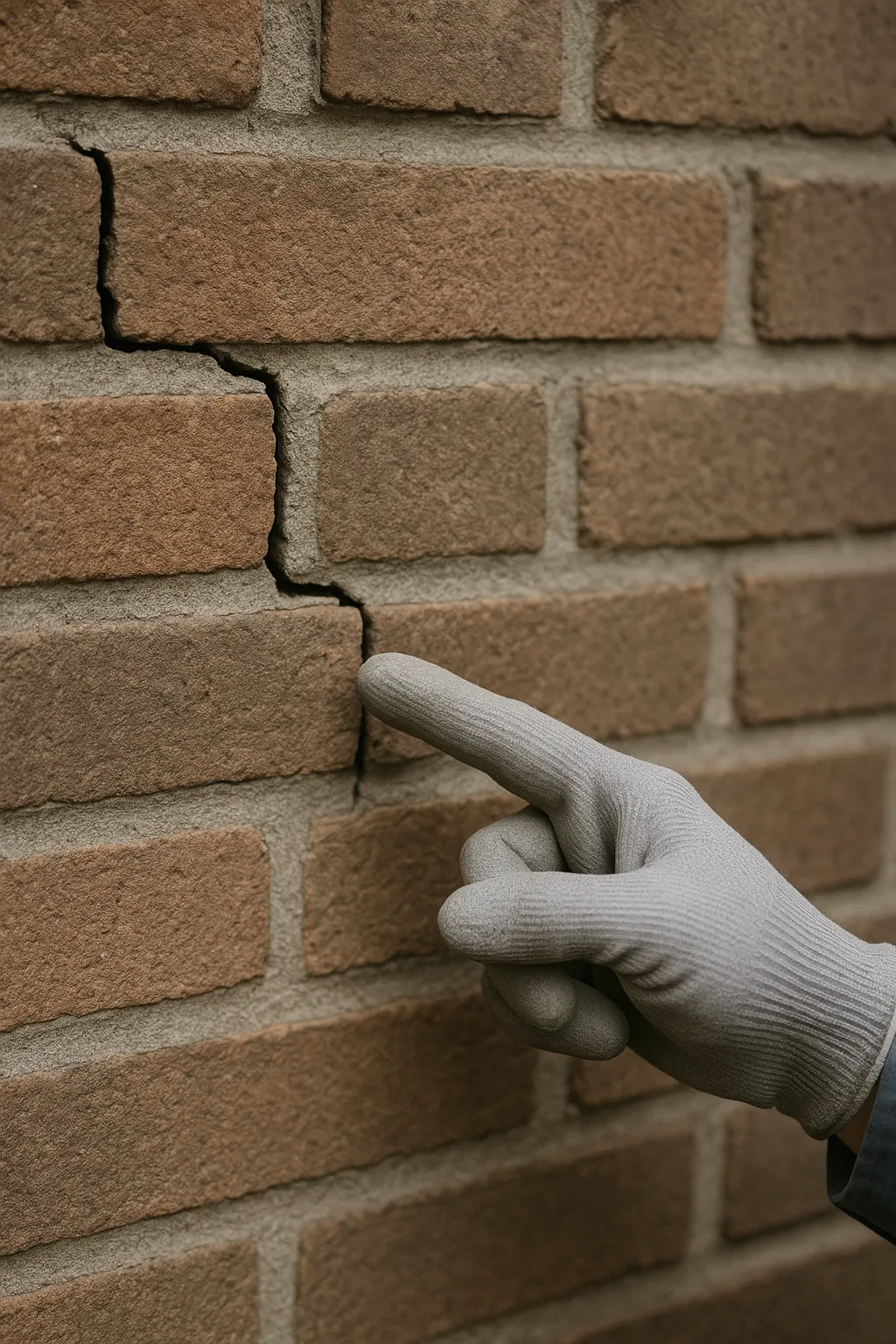 Gros plan sur une fissure en escalier examinée par un expert