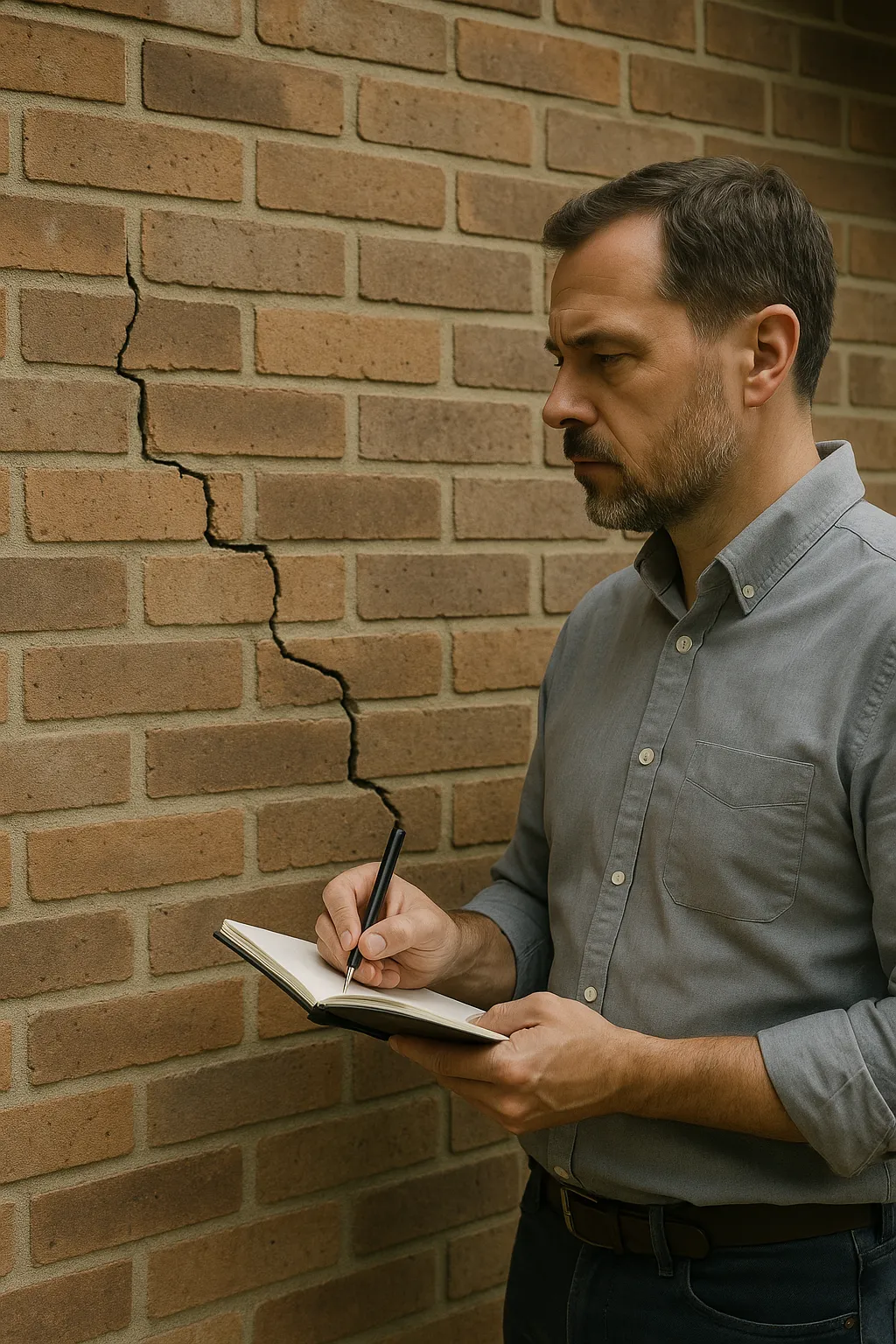 Expert en contre-expertise fissures examinant un mur fissuré