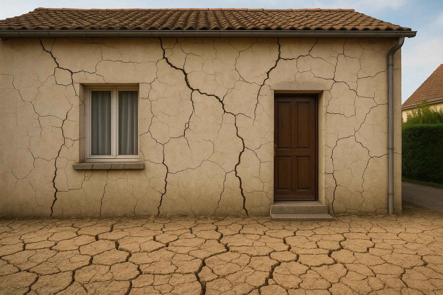 Facade de maison avec fissures liees a la secheresse