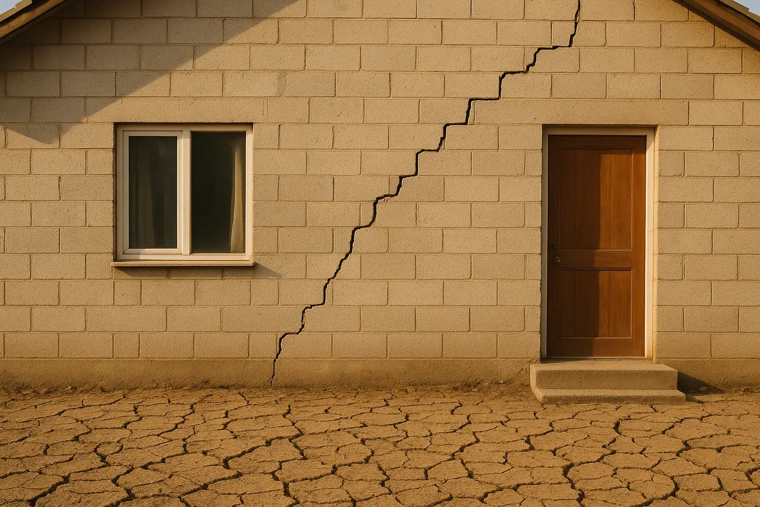 Fissure en escalier sur une facade et sol argileux craquele