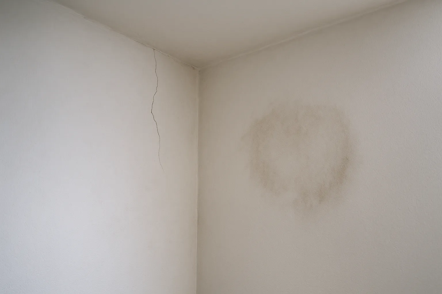 Fissure et aureole d humidite dans un angle de mur