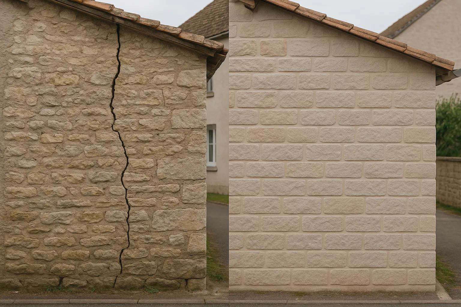 Mur ancien en pierre et mur recent fissures