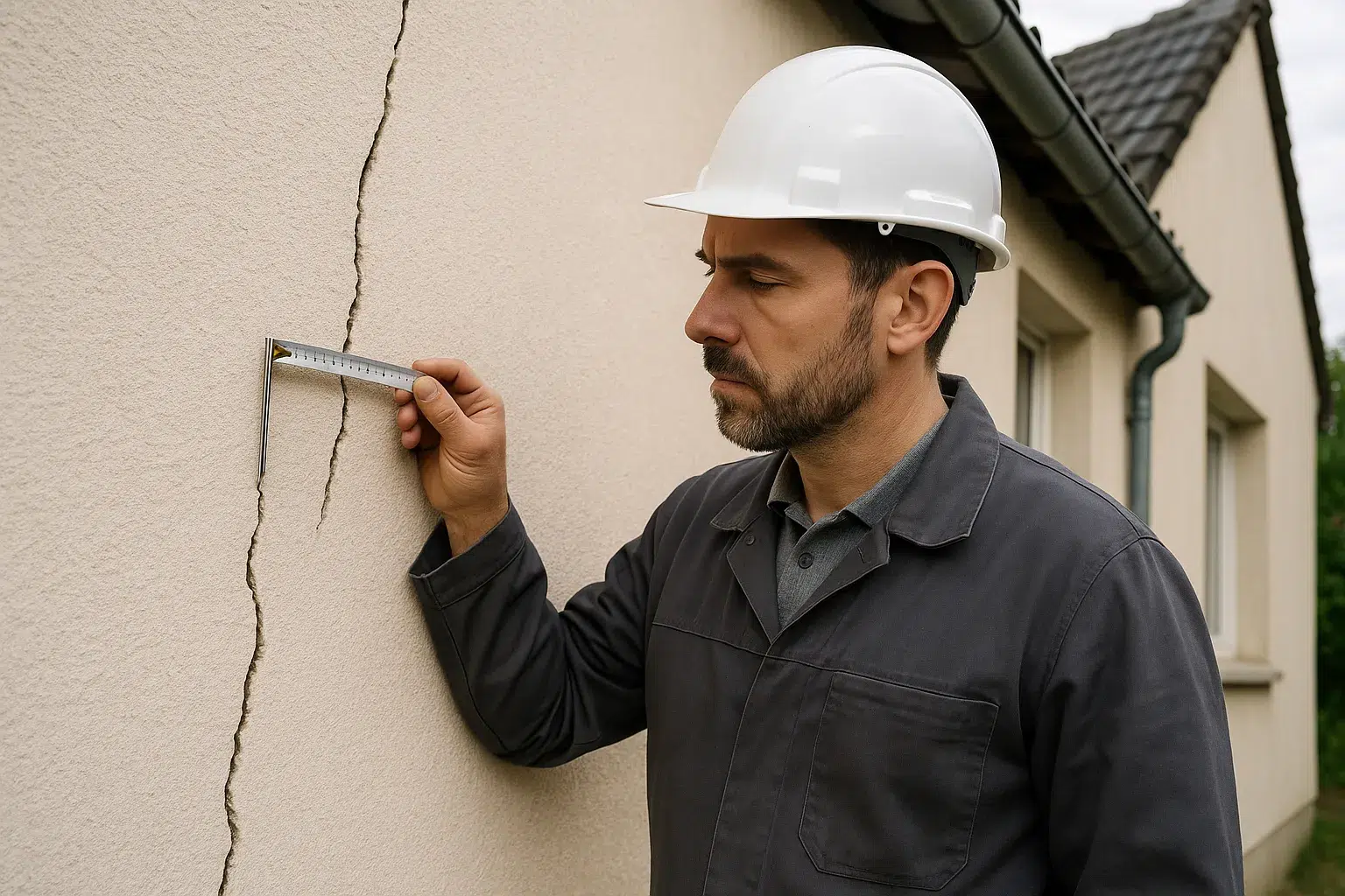 Expert en batiment mesurant une fissure de secheresse