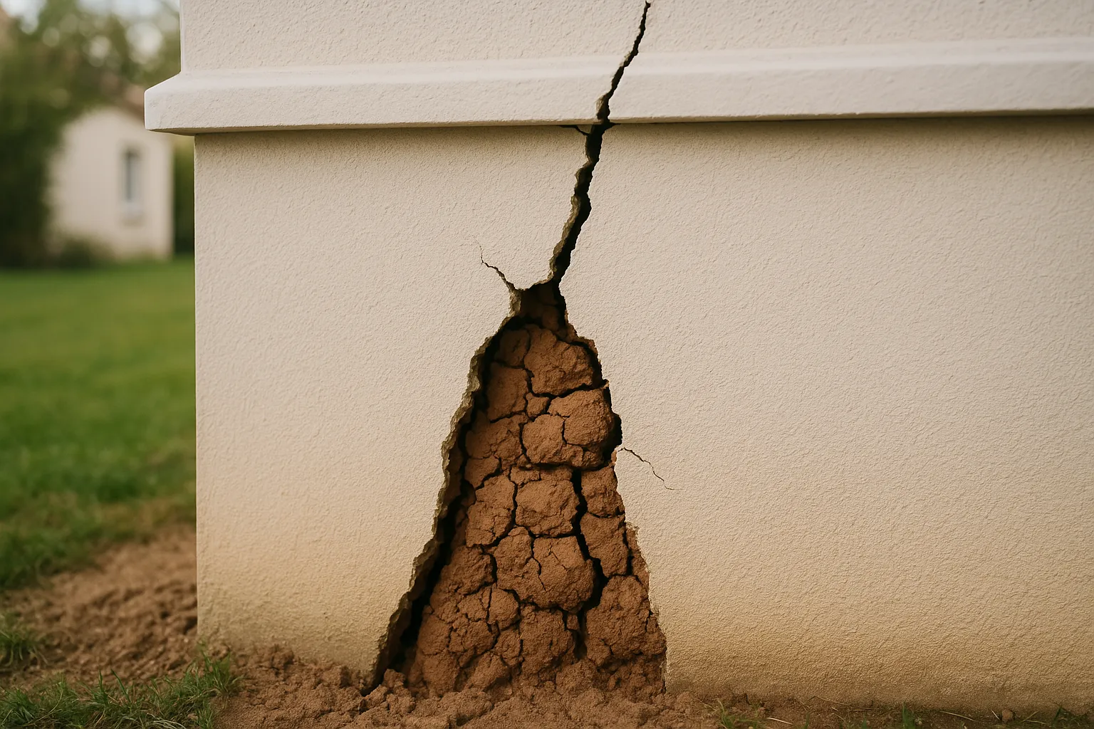 Fissure structurelle avec sol argileux visible