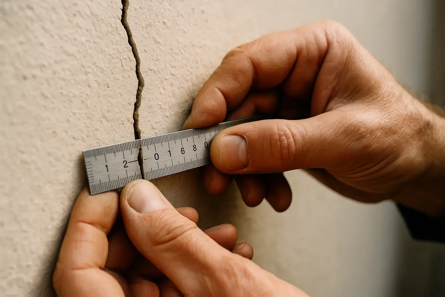 Expert mesurant une fissure sur une facade avec un instrument