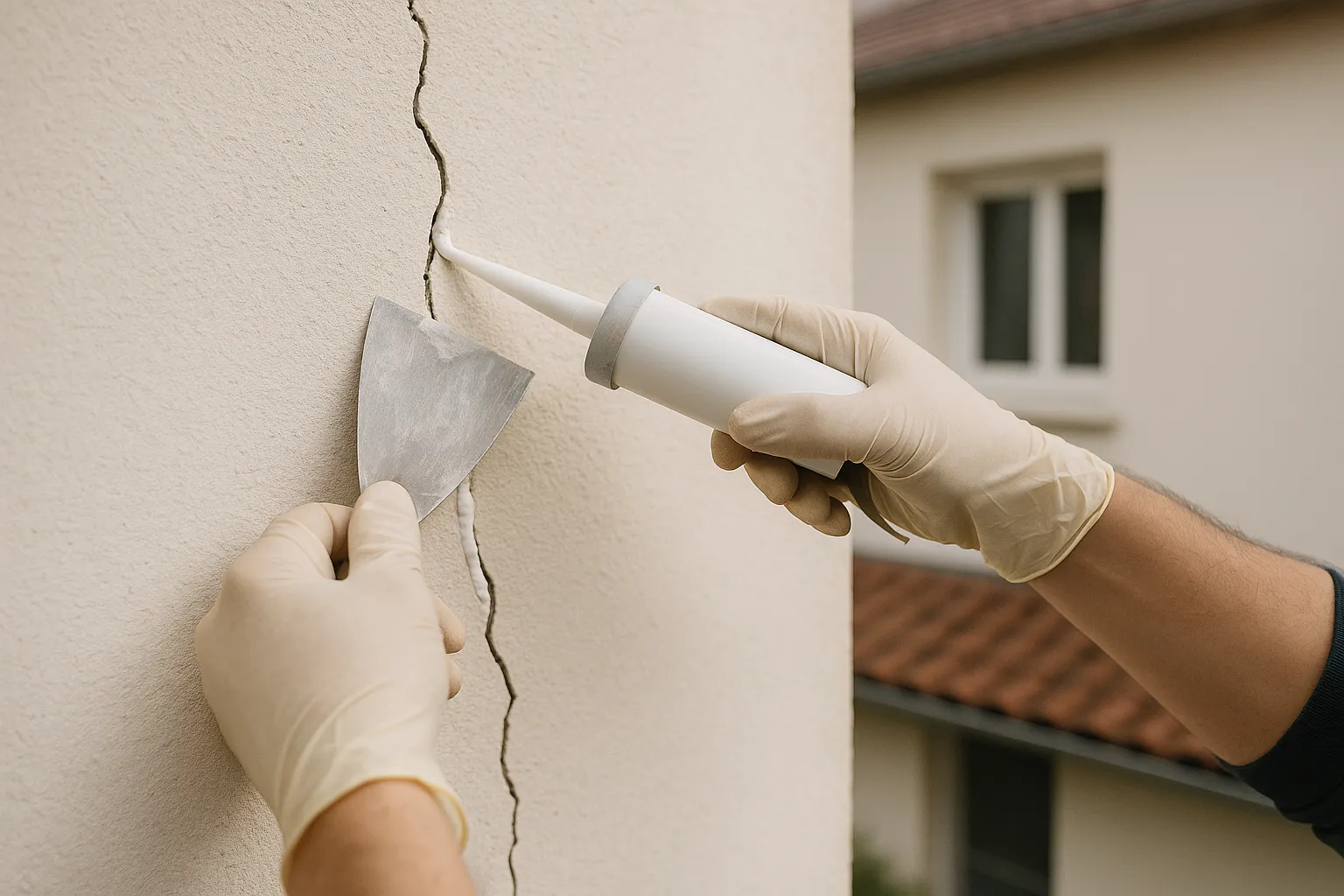 Application d un mastic dans une fissure a la spatule