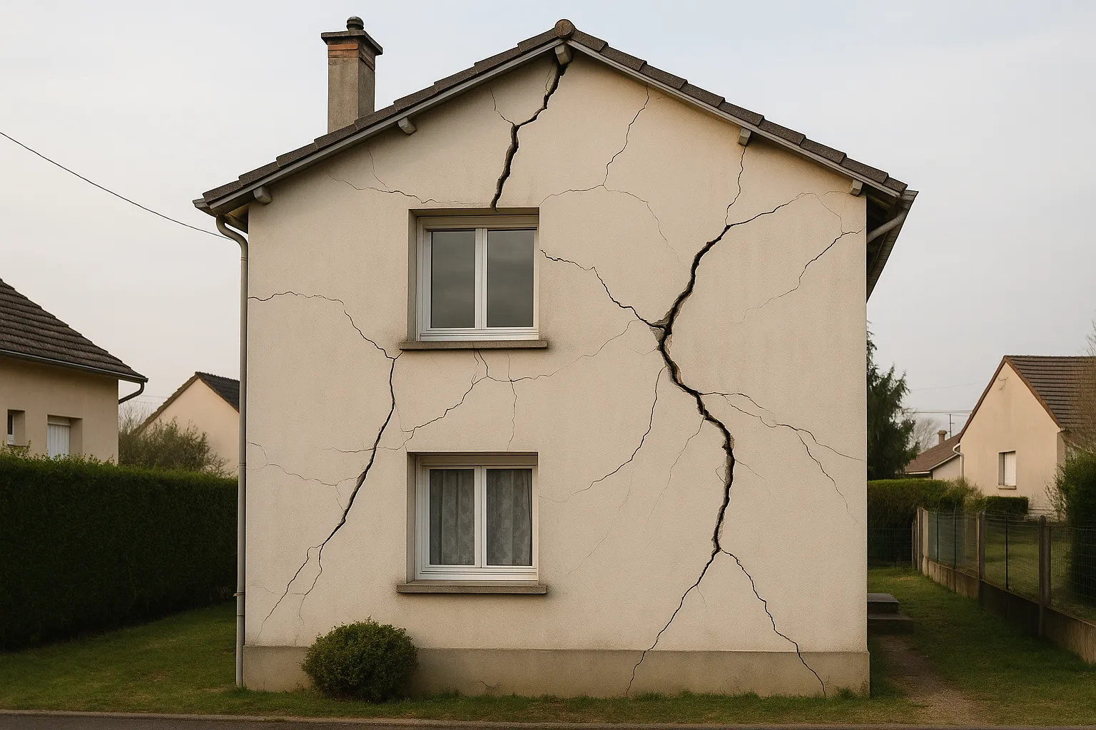 Maison avec fissures structurelles marquees